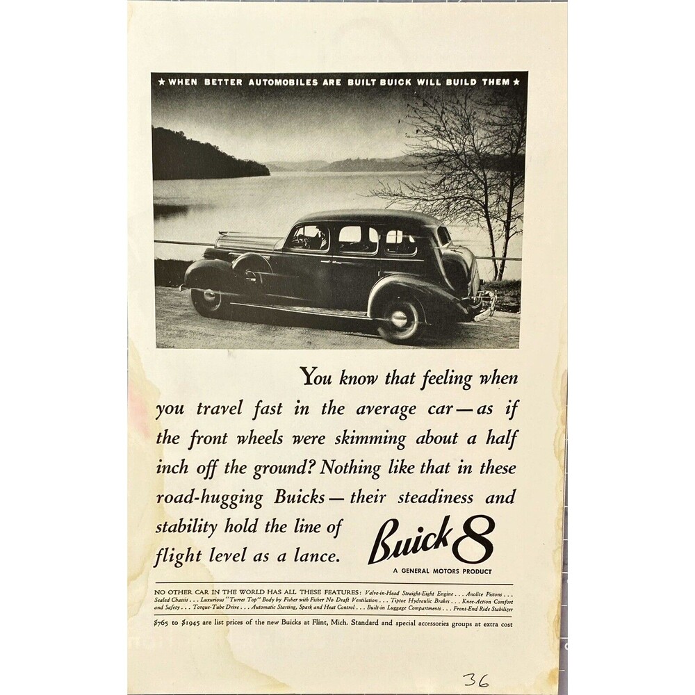 Buick 8 "Road Hugging-Steadiness and Stability hold the line" Vtg Print Ad 1936